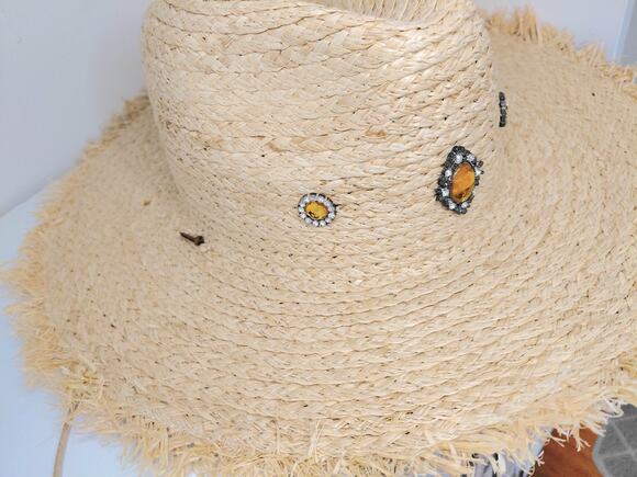 Steve Madden Accessories - Steve Madden Embellished Straw Sun Hat Frayed Wide Brim Jeweled Boho Beach O/S